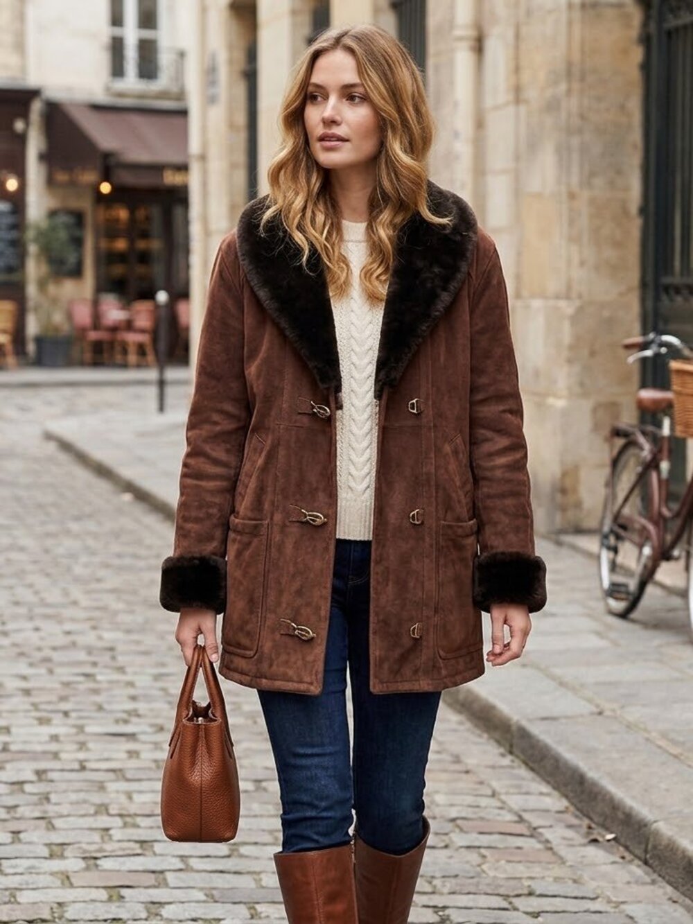 MODA Intl size M brown suede faux fur coat